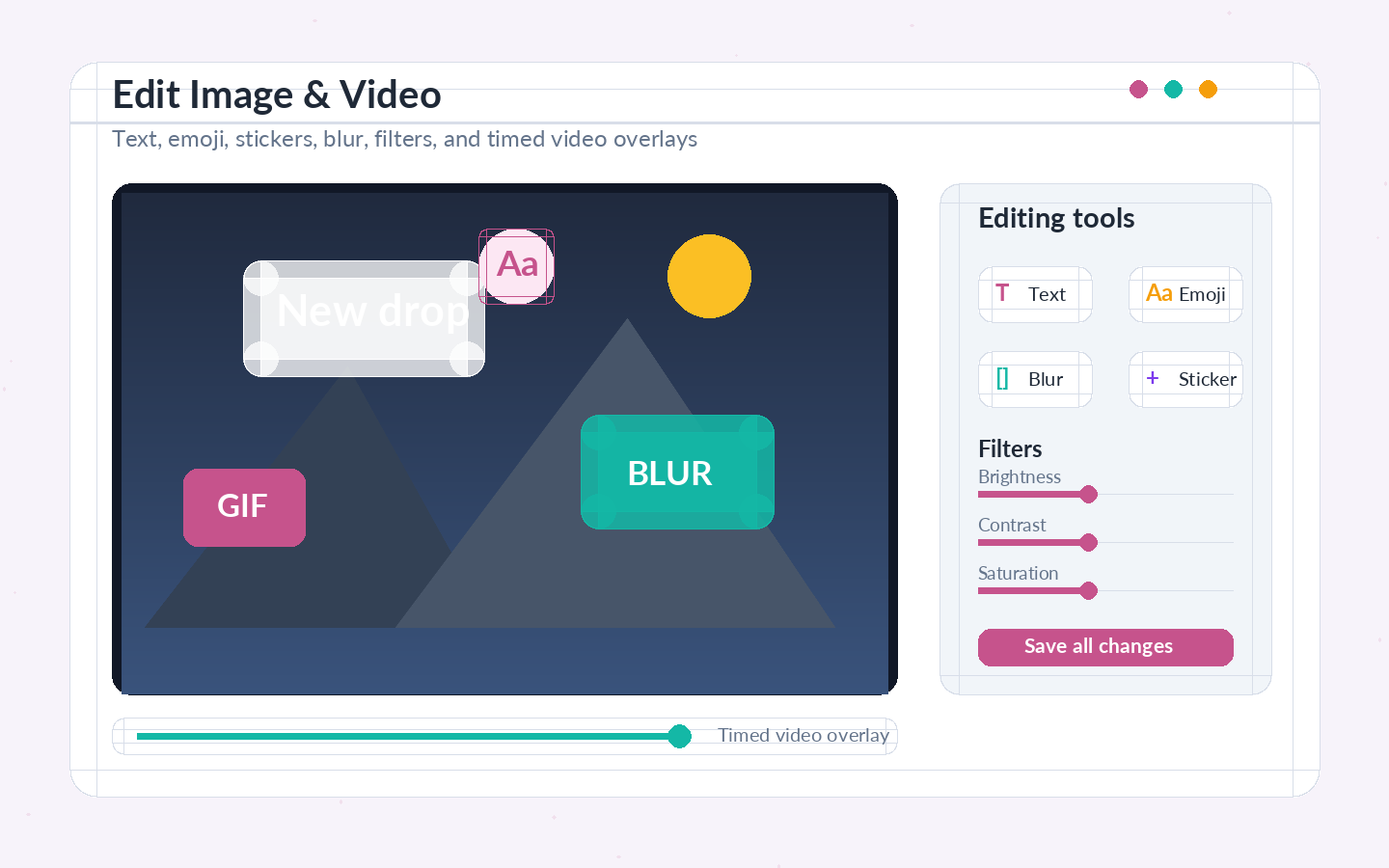 Toecial media editing tools for image and video customization.